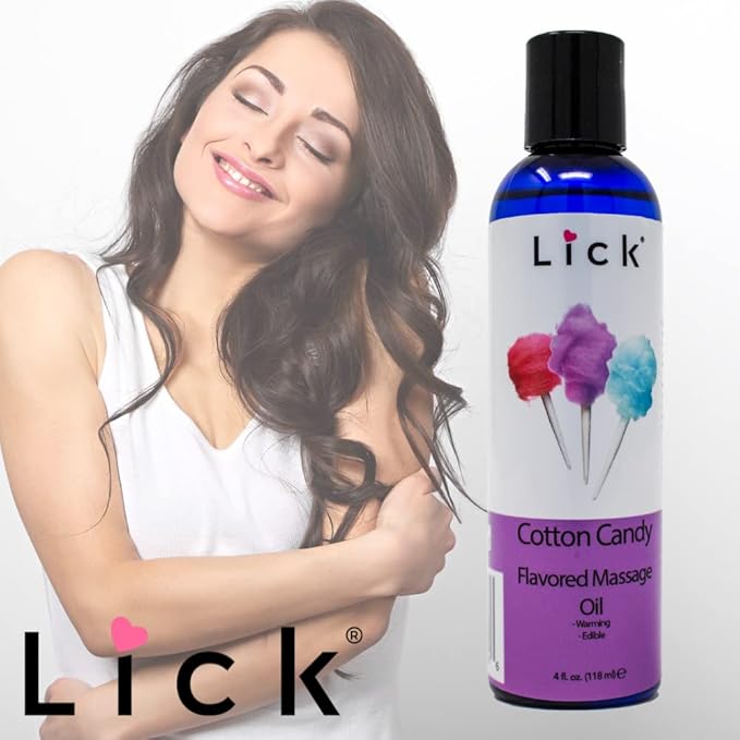 Lick Cotton Candy Flavored Massage Oil – Sweet Candy-Inspired Edible Massage Oil with Vitamin E, Silky Body-Safe Glide for Fun Couples Massage Moments, 4 oz