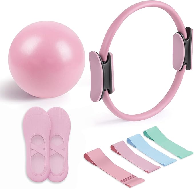 Pilates Essential Kit - Complete Portable Fitness Equipment Set with Toning Ring, Resistance Bands, Loop, Soft Ball & Grip Socks (Pink)