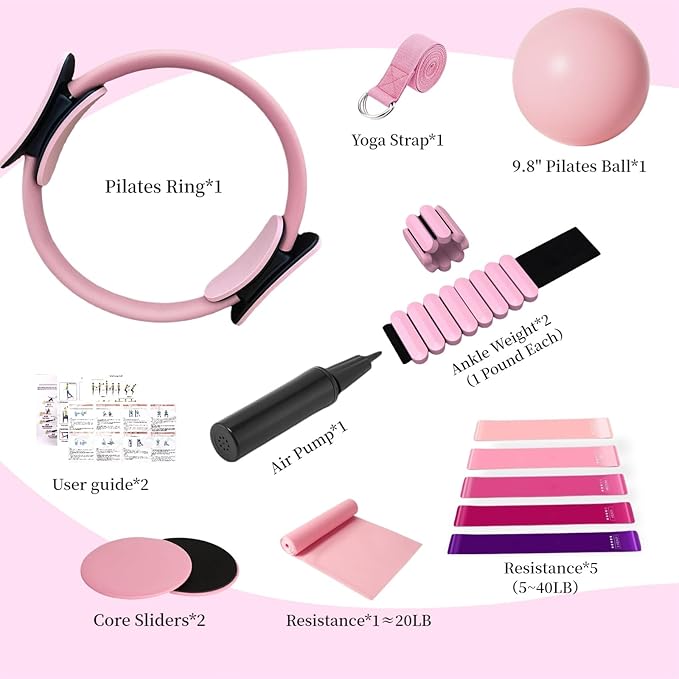 Pilates Equipment Kit for Home Workout - Complete Ring and Ball Set with Core Sliders, Adjustable Ankle/Wrist Weights, and Resistance Bands for Women