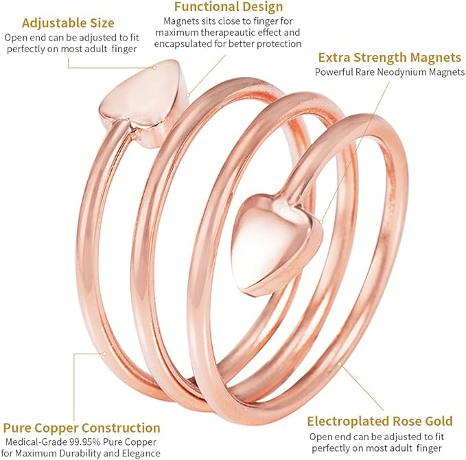 Copper Rings for Women, 99% Pure Copper Set 3Pcs Heart-Shaped Rose Gold Magnetic, Fashion Jewelry Presents(R 3PCS)