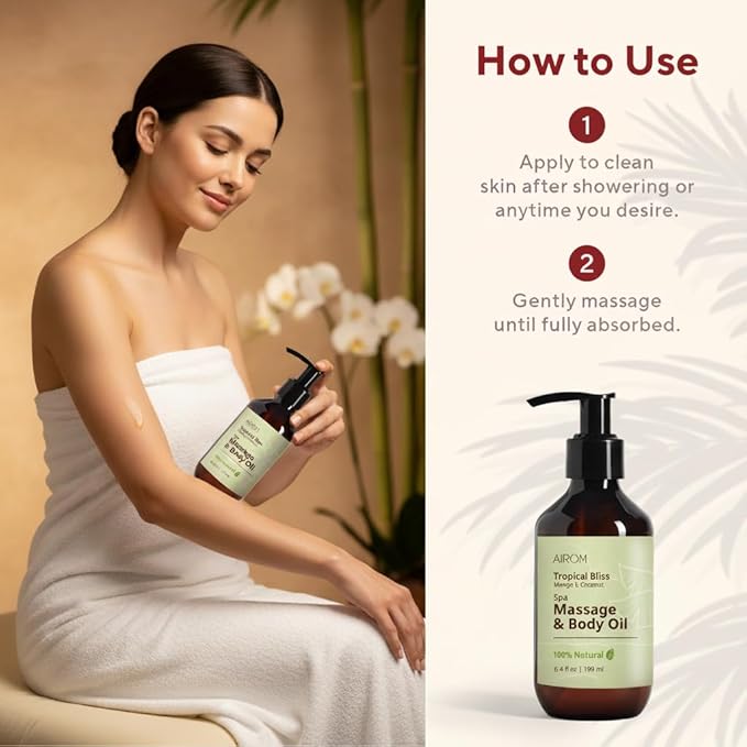 AiROM Mango & Coconut Massage Oil for Massage Therapy – Tropical Bliss - Scented Body Oil for Women – Hypoallergenic, Relaxing Aromatherapy, Non-Greasy, Nut-Free - 6.4 fl oz