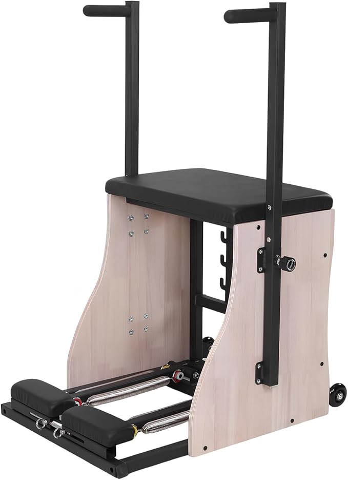 Oak Wood Pilates Chair Yoga Fitness Trainer with Adjustable Resistance Springs Split Pedal Handles Balanced Body Chair for Studio Gym Workout Rehabilitation Exercises
