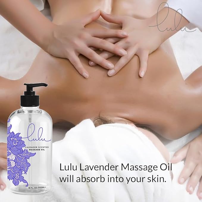 Lulu Lavender Massage Oil with Jojoba & Lavendar Oils, Nourishing Aromatic Non-Greasy Body Oil, Smooth Skin & Relaxation, Aromatherapy for Date Night, Couples Massage & Massage Therapy, 16 fl oz Pump