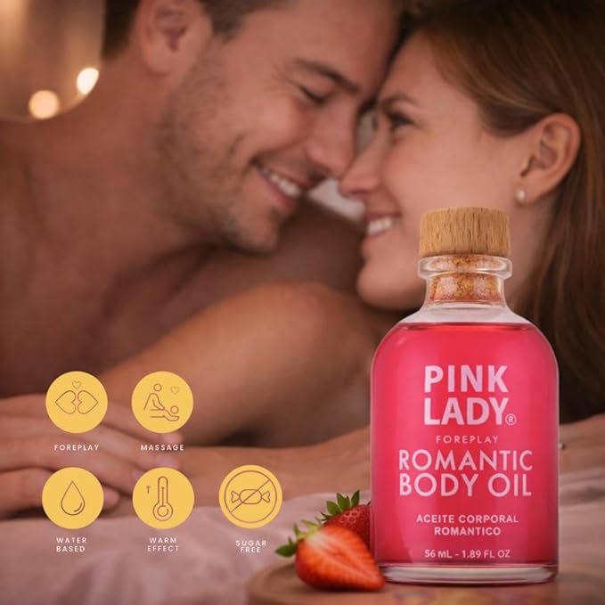 PINK LADY Romantic Body Oil Strawberry and Champagne - 1.90 fl oz / 56 ml - Kissable Warming Body Treat for Foreplay Fun, Water Based