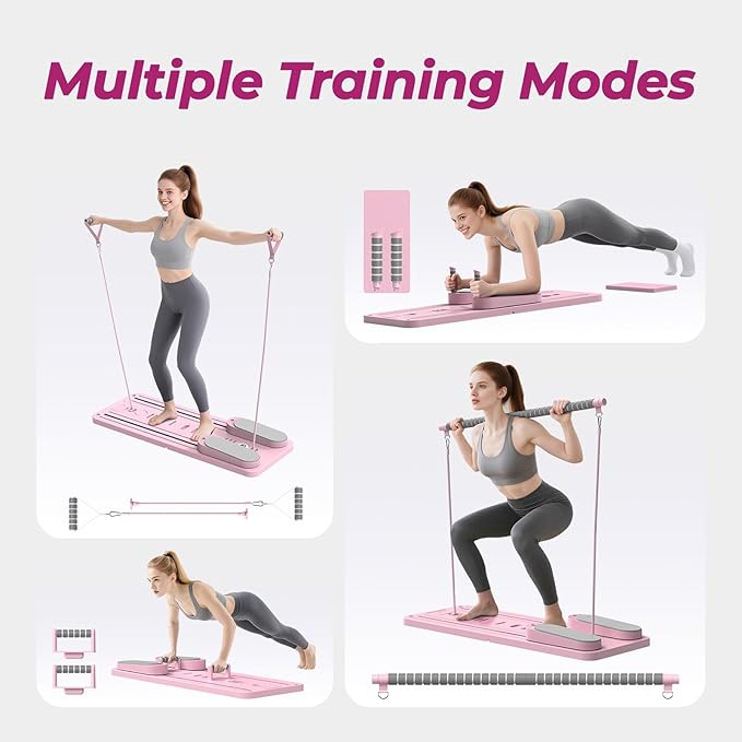 Multifunctional Pilates Board, Pilates Reformer Sets 7-in-1 Foldable Pilates Reformer Machine for Home Workout with Timer, Phone Holder, Push-up Bar, Ab Board, 330LBS Capacity Portable Set