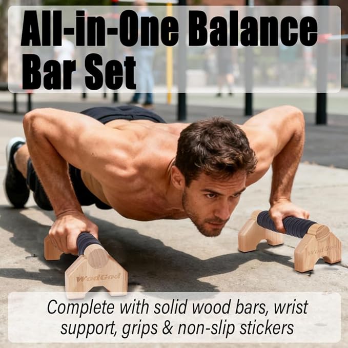 Solid Wood Parallettes Push Up Bars for Home & Gym, Durable Wooden Calisthenics Equipment with Non-Slip Grip, Full Body Strength & Balance Training