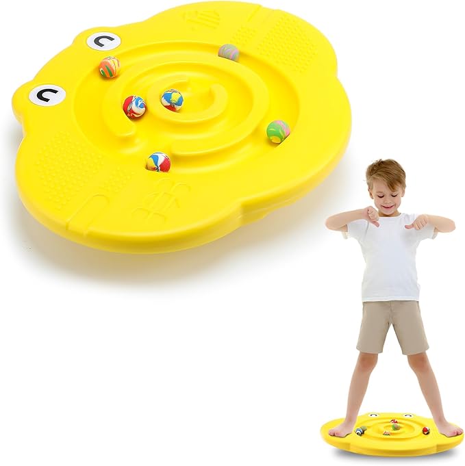Kids Maze Balance Board Plastic Wobble Rocker Balance Board with Mini Balls Load 170lb for Balancing Exercise Equipment Game Boys Girls Physical Therapy 18.5 x 14.57 Inch(Yellow,Cute)