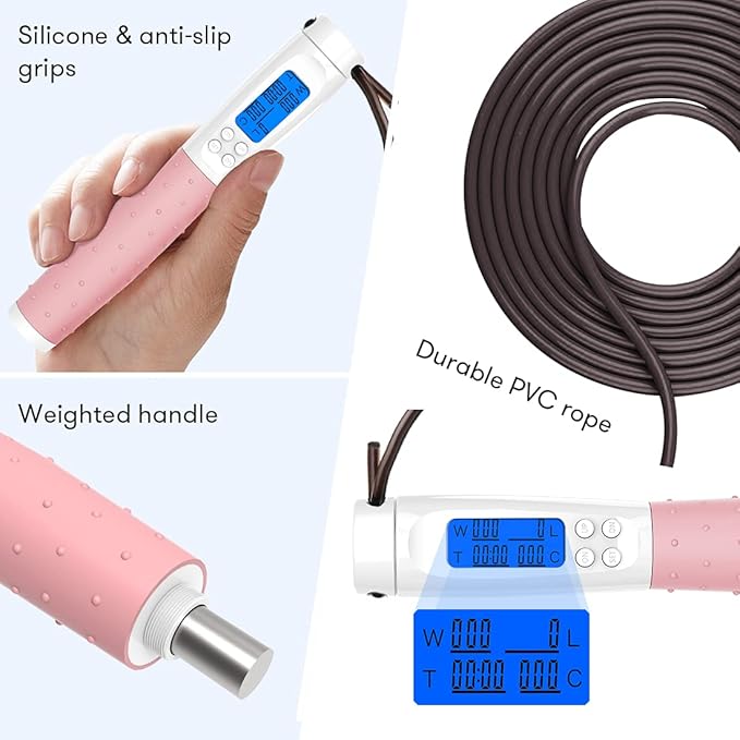 Te-Rich Jump Rope, Weighted Jump Rope for Fitness, Skipping Rope with Counter - Heavy Handles, Adjustable Length - Cordless Jumping Rope for Men Women Kids Fitness Exercise Training
