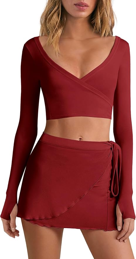 Nirovien Womens 2 Piece Workout Sets Sexy Pilates Outfits Athletic Gym Yoga Sets Ballet Wrap Top and Skirt