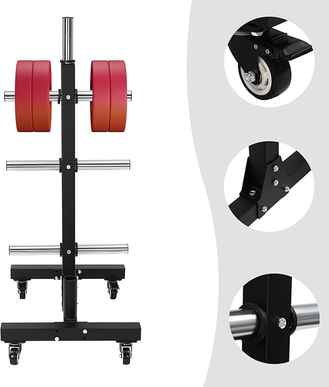 Olympic Weight Plate Tree, Olympic Weight Plate Rack with 6 9.5 in storage posts & bar holders Barbell Plate and Dumbbell Racks Tree with Brake universal wheel Load-bearing 1100lbs