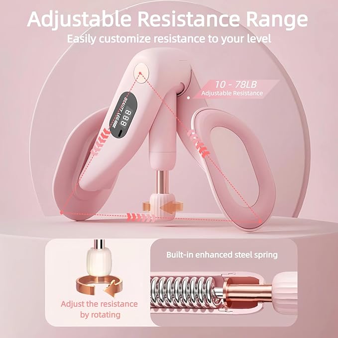 Inner Thigh Exerciser with 30 LB Resistance Bands, 10-78 LB Thigh Exerciser for Home Gym, 360° Rotating Thigh & Glute Workout Equipment, Portable Arm and Hip Trainer, Light Pink