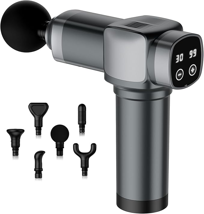 Deep Tissue Massage Gun, Portable Percussion Muscle Massager with 30 Speeds & 6 Attachments, Handheld Electric Back & Neck Massager for Pain Relief