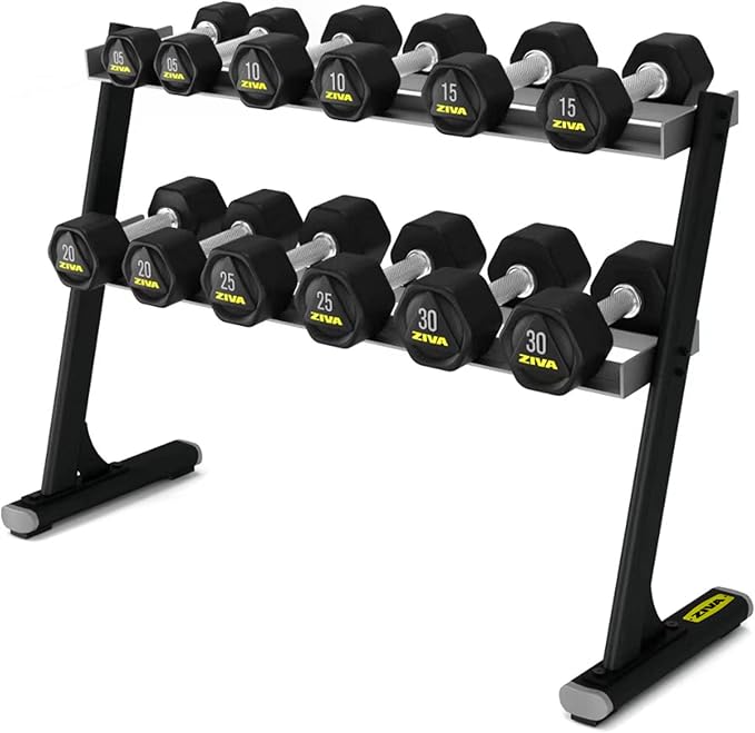 ZIVA 2-Tier 6 Pair Hexagon Dumbbell Rack - Gym, Home Storage Rack – Heavy Gauge Steel Frame – Holds 6 Pairs of Dumbbells, Black Powder Coated Finish (Dims: H: 33", W: 48", L: 17", Wt: 53lb)