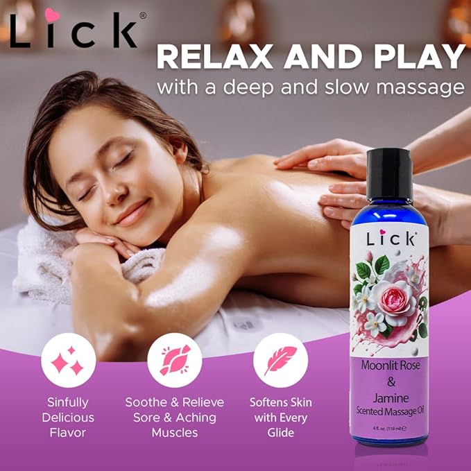 Lick Rose and Jasmine Massage Oil – Elegant Floral Massage Oil with Sweet Almond Oil & Vitamin E, Relaxing Aromatherapy Glide for Couples Massage, 4 oz