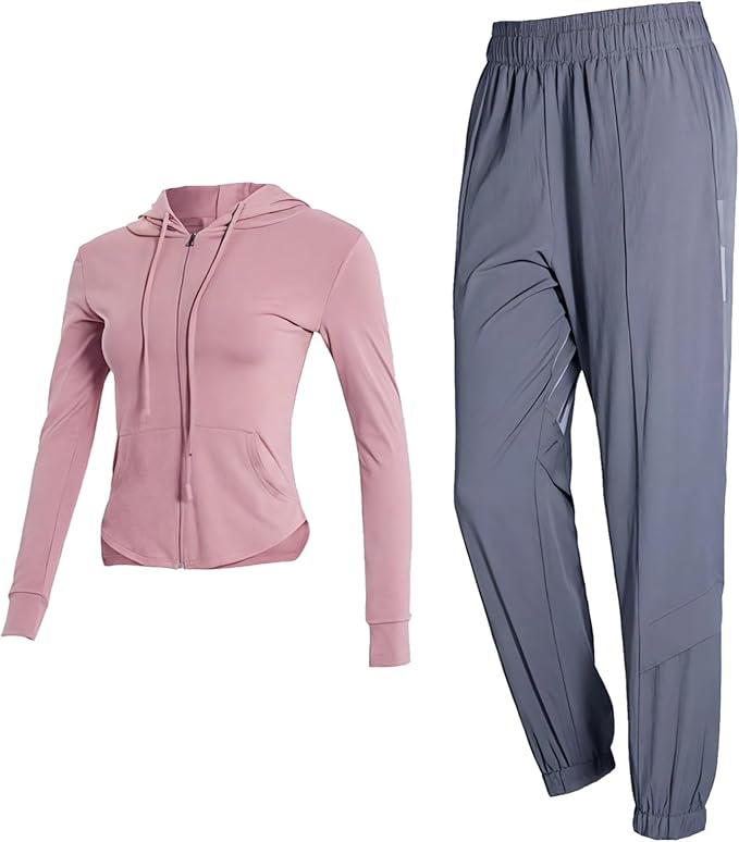 Pink Pilates Set For Women, 2-Piece Workout Outfit With Hoodie, Nylon & Spandex For Yoga And Everyday Wear