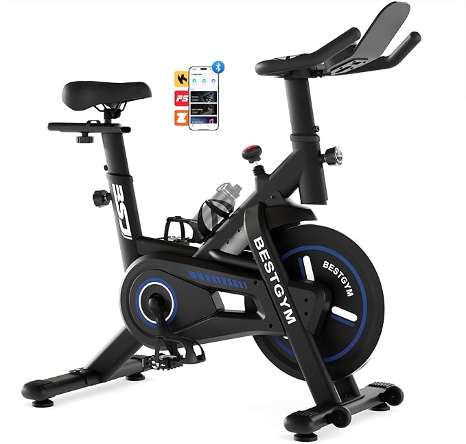 Exercise Bike, Brake Pad/Magnetic Stationary Bike with App, Low Noise Indoor Cycling Bike with 330lbs Weight Capacity, Adjustable Seat, Tablet Holder, Water Bottle Holder for Home Fitness and Weight Loss
