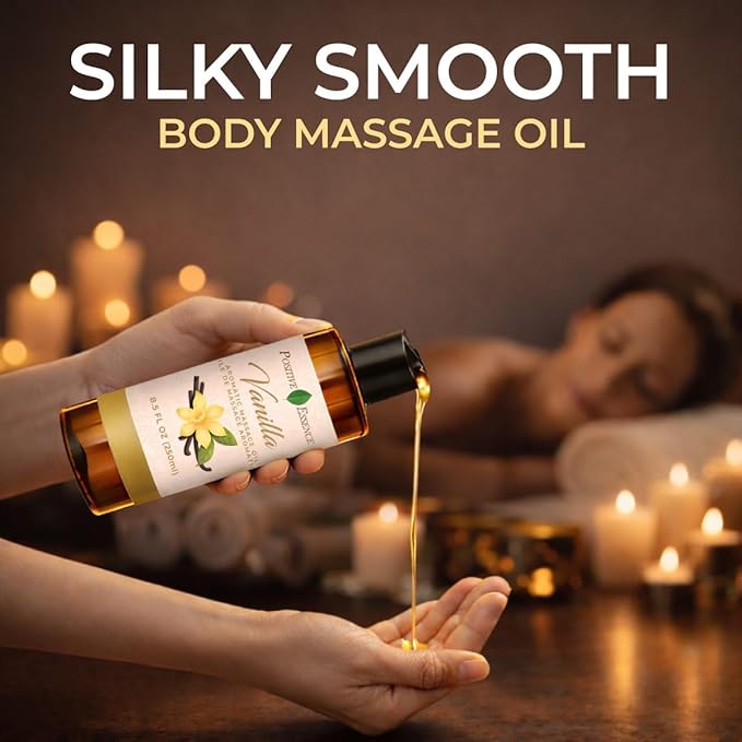 Vanilla Massage Oil for Massage, Body Massage Lotion; Jojoba, Sweet Almond Oil for Skin, Vitamin E, and Pure Vanilla Essential Oil, Body Oil Aceite para Masajes Relajantes