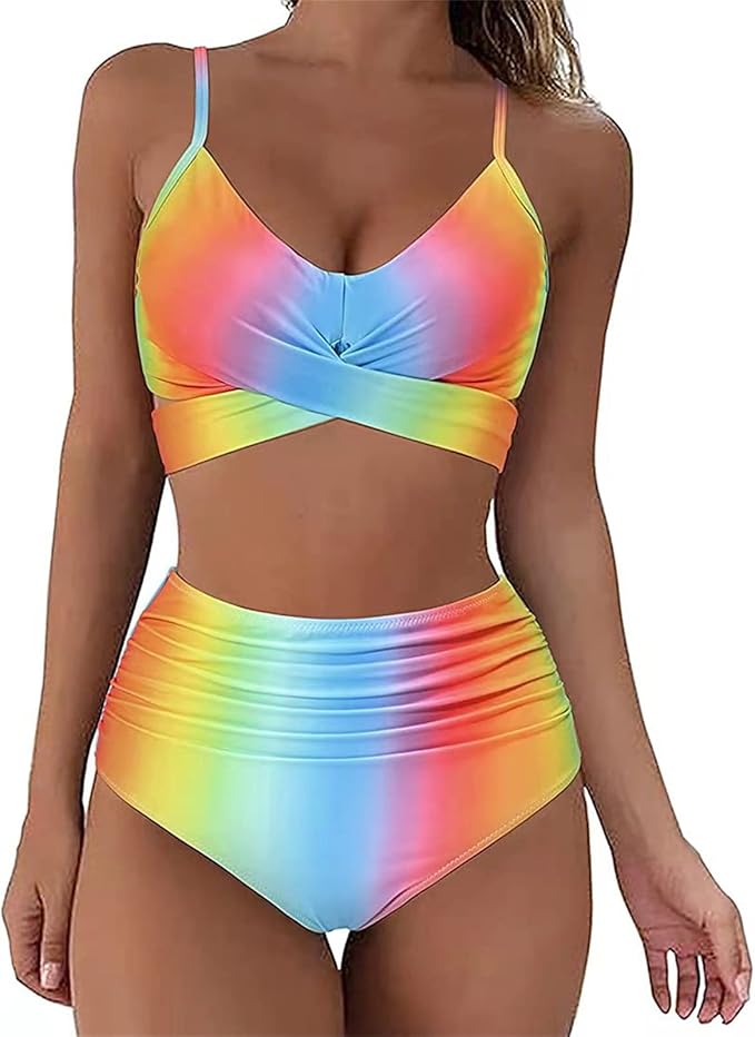 Womens Front Cross Ruched Bikini Set Twist Wrap Swimwear High Waisted Bottoms Print Straps Push Up Swimsuits