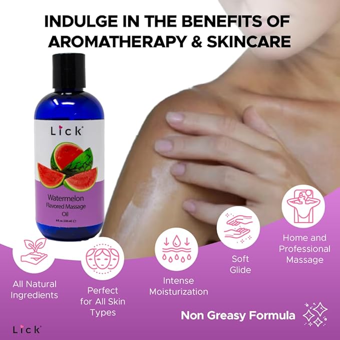 Lick Watermelon Flavored Massage Oil – Fresh Fruity Edible Massage Oil with Vitamin E, Smooth Non-Sticky Glide for Playful Couples Massage & Date Nights, 8 oz