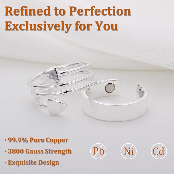 2PCS Magnetic Copper Rings for Women, Elegant Lymphatic Jewelry Gifts for Women, Adjustable Copper Ring(Silver)