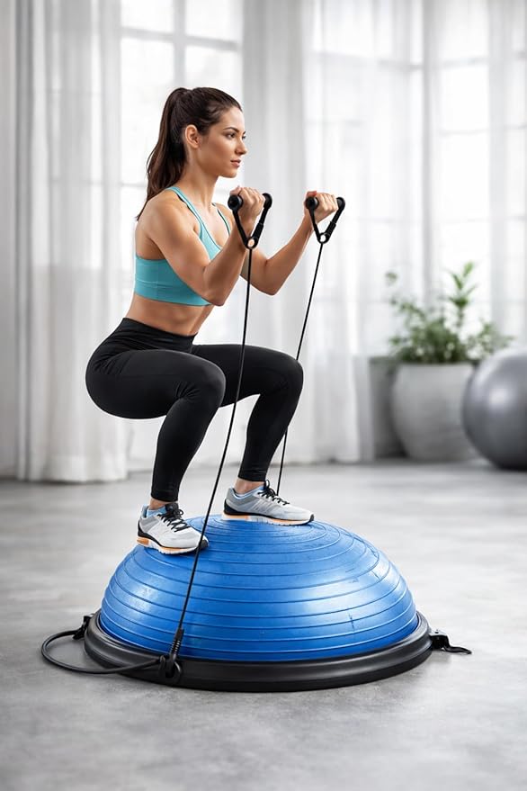 Balance Ball Trainer with Resistance Bands and Foot Pump, Inflatable Yoga Ball for Home Gym Workouts, 23 Inch Exercise Half Ball for Balance Training Core Strength Fitness More, 330lb Cap