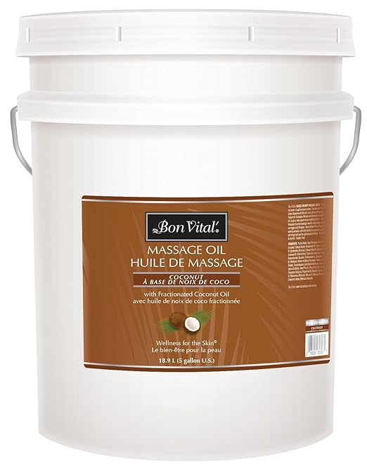 Bon Vital' Coconut Massage Oil, 5-Gallon Pail, 100% Pure Fractionated Coconut Oil for Dry Skin, Lightweight Non-Greasy, Neutral Scent, Non-Staining, for Massage Therapy & At-Home Use