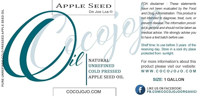cocojojo Apple Seed Oil - Pure Natural Unrefined Bulk 128 oz - 1 Gallon Extra Virgin Cold Pressed for Face Skin Hands Hair Nails Facial Care Pyrus Malus