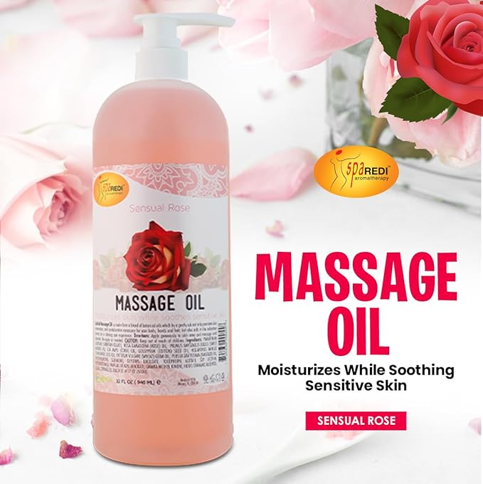 SPA REDI - Massage Oil Sensual Rose Professional Pedicure, Body and Hot Oil Manicure, Infused with Natural Oils, Vitamins, Panthenol and Amino Acids - 32oz