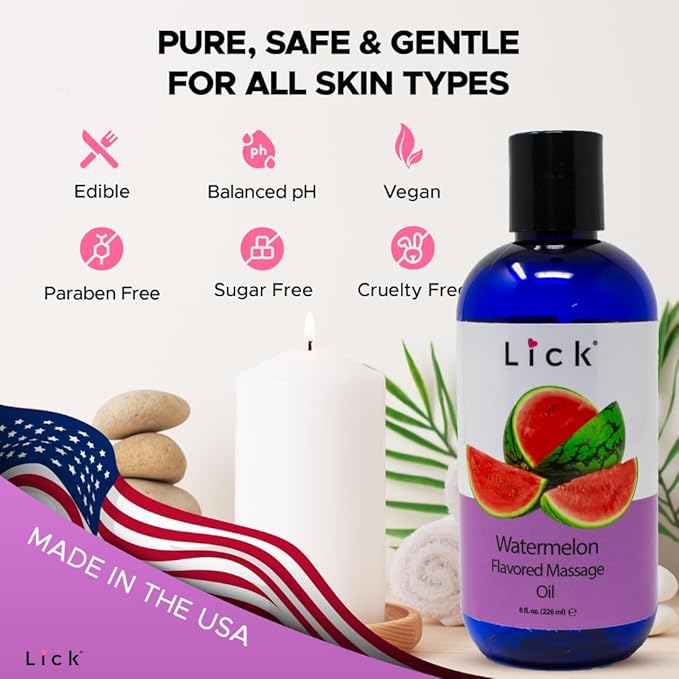 Lick Watermelon Flavored Massage Oil – Fresh Fruity Edible Massage Oil with Vitamin E, Smooth Non-Sticky Glide for Playful Couples Massage & Date Nights, 8 oz
