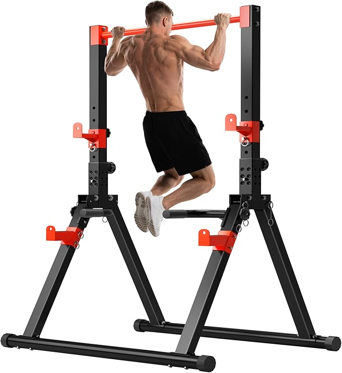 SogesHome Power Tower Dip Station Pull Up Bar for Home Gym, Adjustable & Foldable Multifunction Fitness Workout Station with Triangular Stability Design for Strength Training