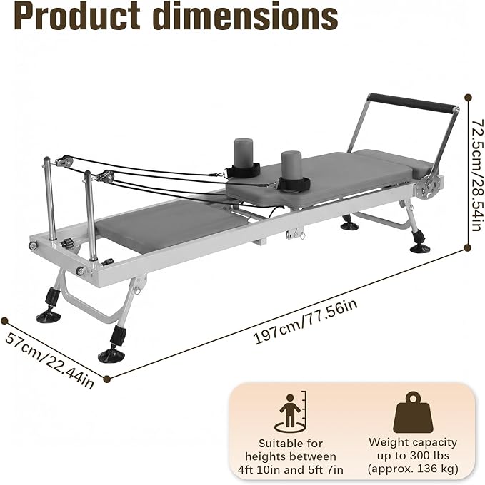 78 in Foldable Pilates Machine with Springs Resistance Pilates Reformer Bed 300 LBS Capacity Smooth Glide Carriage Reformer for Home and Studio Use