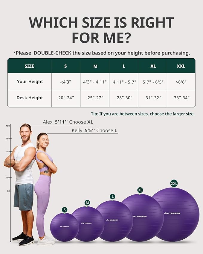 Trideer Exercise Ball for Yoga, Pilates & Fitness – Stability Ball Equipment for Home Gym & Office Chair, Core & Balance Training Accessories, Physical Therapy Equipment, Quick Pump Included, 5 Sizes