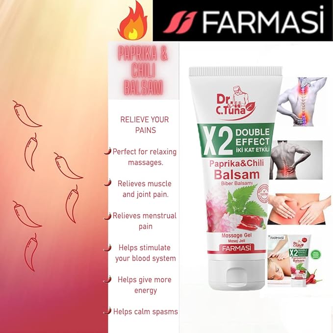 FARMASi Paprika & Chili Balsam 2X Double Effect, Soothing Warming Massage Gel, Helps Ease Muscle Tension and Supports Relaxation & Recovery, Smooth Non-Greasy Body Balm, 8.45 fl oz