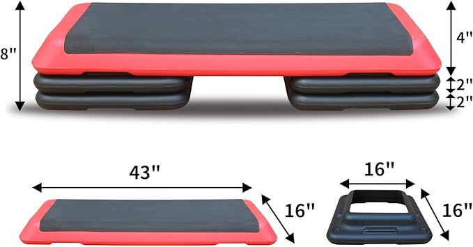 Adjustable Aerobic Workout Step Platform with 4 Stackable Risers in Fitness Exercise Platform Trainer,43” Aerobics Workout Stepper for Home Gym Cardio Strength Training