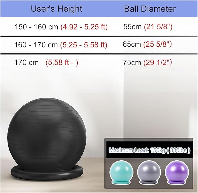 Yoga Ball Chair,Yoga Ball，Exercise Ball, Office Ball Chair with Base & Pump Stability Yoga Ball Seat for Back Pain Relief Home Gym Exercise Ball Chair for Core Strength Training(Light Gray,Diameter 55