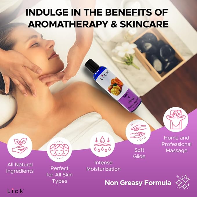 Lick Peach Mango Flavored Massage Oil – Juicy Tropical Blend Edible Massage Oil with Vitamin E, Lightweight Smooth Glide for Couples Massage & Sensory Play, 4 oz