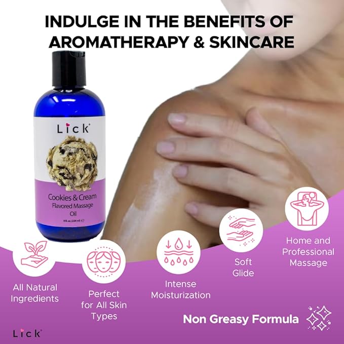 Lick Cookies and Cream Flavored Massage Oil – Creamy Dessert Edible Massage Oil with Sweet Almond Oil & Vitamin E, Smooth Glide for Couples Massage, 8 oz