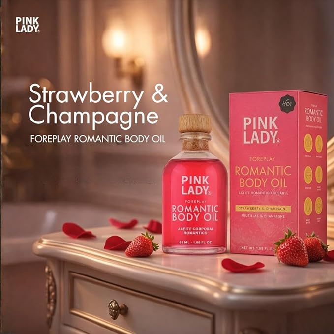 PINK LADY Romantic Body Oil Strawberry and Champagne - 1.90 fl oz / 56 ml - Kissable Warming Body Treat for Foreplay Fun, Water Based