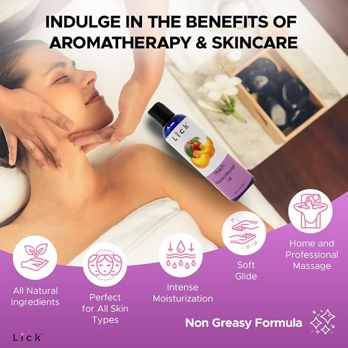 Lick Peach Flavored Massage Oil – Sweet Juicy Edible Massage Oil with Sweet Almond Oil & Vitamin E, Lightweight Glide for Couples Massage & Relaxation, 4 oz