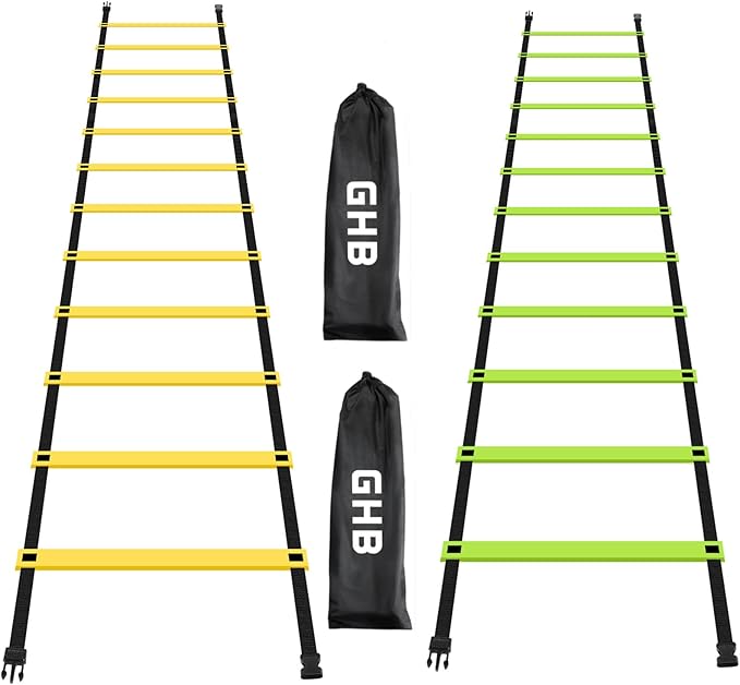 GHB Pro Agility Ladder 2 Pack Agility Training Ladder Speed 12 Rung 20ft with Carrying Bag (Yellow and Green)