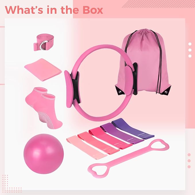 Yoga Accessories Kit with 8-Piece Pilates Ball and Loop Set, Including Resistance Bands and Non Slip Socks, for Complete Body Workout