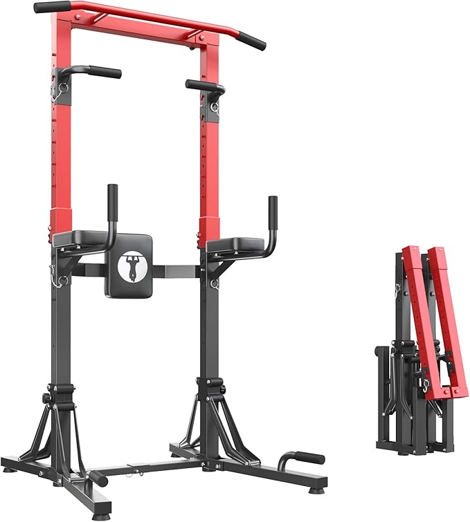 DlandHome Foldable Power Tower Pull Up Bar Station, Strength Training Fitness Equipment, Multi-Function Adjustable Height Pull Up Dip Station for Home Gym Workout, Pull Up Stand, Black & Red