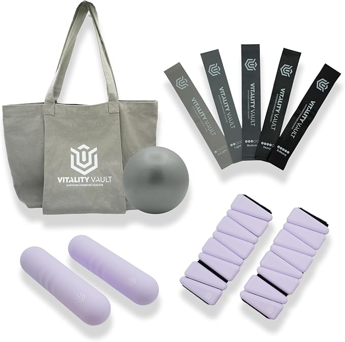 Pilates Pro Power Pack - Workout Essentials - 2.2lb Hand Weights, 2.2lb Ankle Weights/Wrist Weights, Resistance bands, Pilates Ball, Canvas Tote Bag - For Beginners or Advanced - Home or Gym/Studio Use.