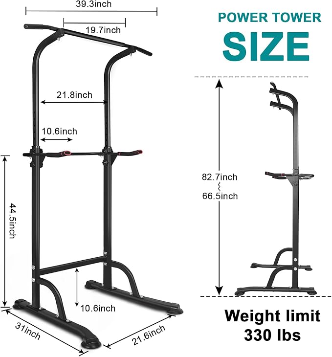 Power Tower Dip Station Pull Up Bar, Adjustable Height Multi-Function Strength Training Station, Heavy Duty Home Gym Equipment for Pull Ups, Dips, Knee Raises & Push Ups