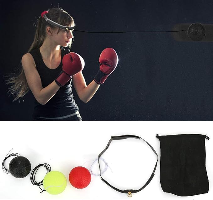 Boxing Reflex Training Ball Set, 3 Pieces with Gel Band, Black Red Green