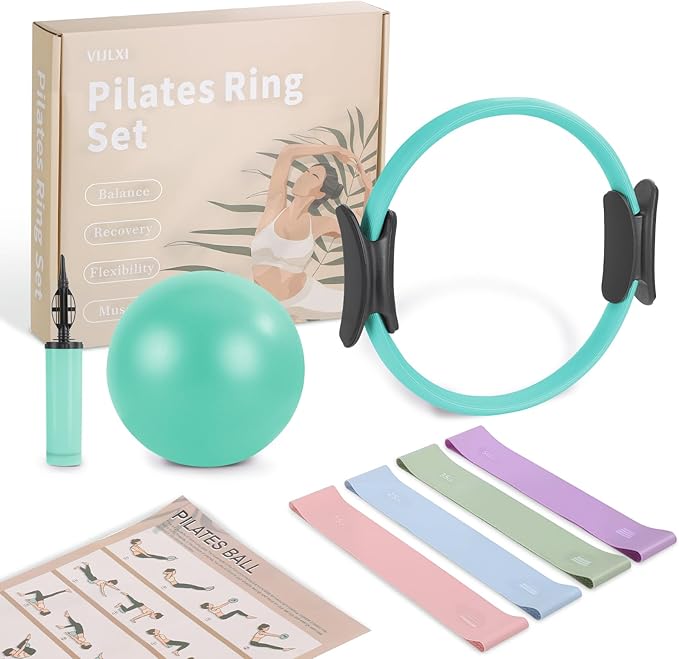 Pilates Essentials Kit-Home Pilates kit for Women with Pilates Ring and Ball,5 Resistance Bands for Beginners-Train Muscles, Flexibility & Core Strength