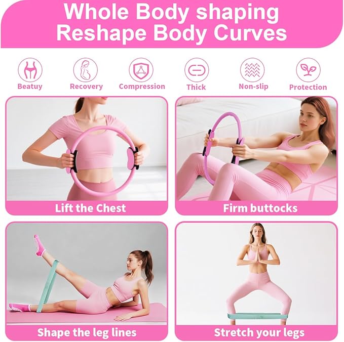 Pilates Essentials Kit for Women, Home Pilates Kit with 12.9" Ring and 9.8" Mini Ball, 4 Fabric Loop Bands, Figure-8 Band, Stretch Strap, Jump Rope, Carry Bag