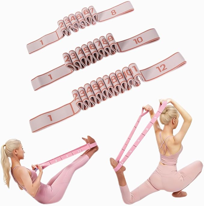 Yoga Strap with 8/10/12 Loops, Pilates Flexbands with Non-Chafe Fabric, Fashion Puller Exercise Bands for Stretching, Yoga, Dance & Full Body Shaping-3pcs