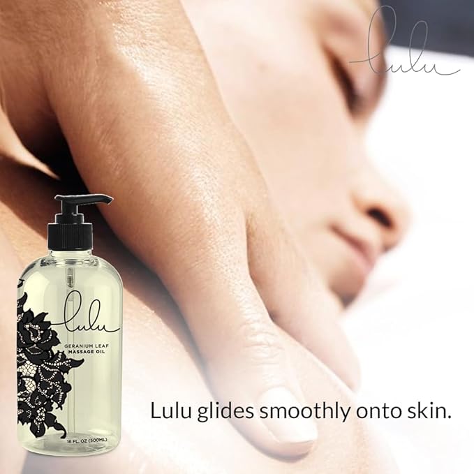 Lulu Geranium Massage Oil with Sweet Almond & Jojoba Oils Lightweight Non-Greasy Body Oil for Smooth Skin & Relaxation joint and muscle Aromatherapy for Couples Massage & Massage Therapy 16 fl oz Pump