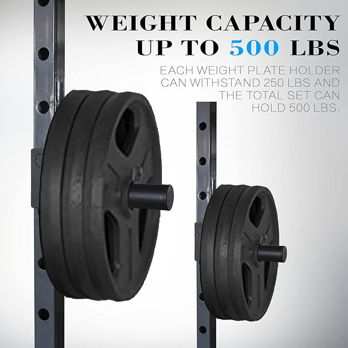 Balelinko Extended 9" Olympic Weight Plate Holder, Weight Plate Storage, Attachment for for 2"x2" Tube Power Cage with 1" Hole, 1 Pair, Bonus a Pair of 2" Spring Clip Collars Rings
